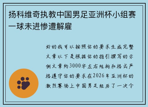扬科维奇执教中国男足亚洲杯小组赛一球未进惨遭解雇